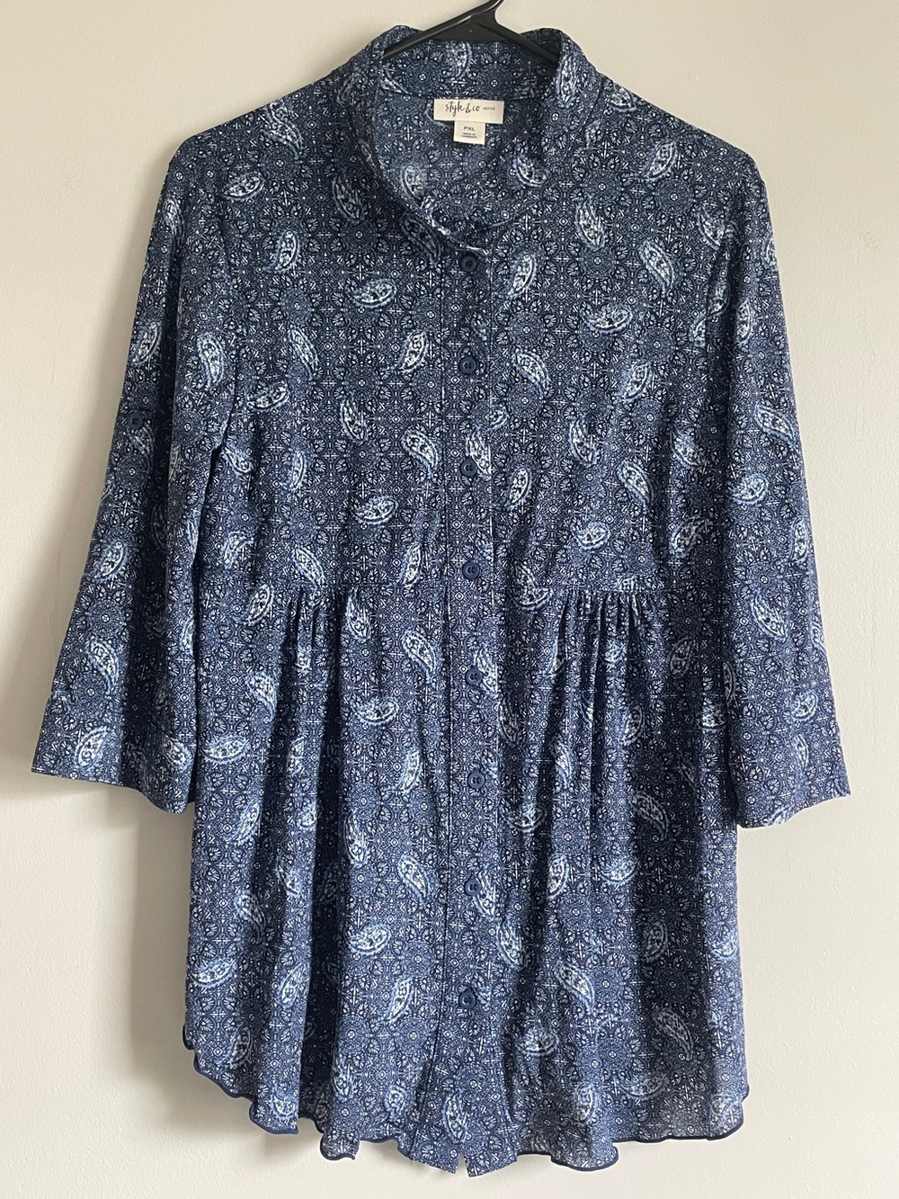 Style & Co. Navy Blue Paisley Long-Sleeve Button-Front Dress